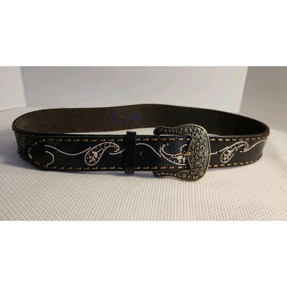 Vtg Bill Adler Rock Roll Studded Embroidered Paisley Brown Leather Belt Womens M